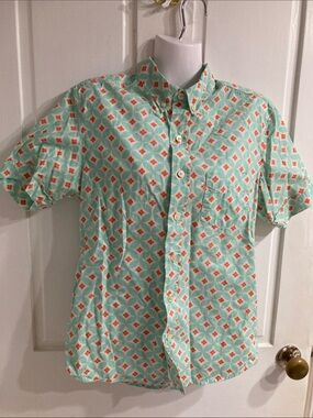 Casual Mint Green Short-Sleeve Button-Down Shirt with Coral Motif retro styling